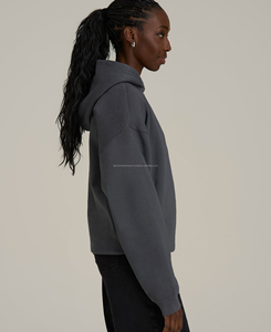 Women's Oversize <b>Drop</b> Shoulder 100% Cotton Fleece Embroidered Lined Long Front Crew Neck Drawstring Pullover Hooded Winter High - Product Image 3