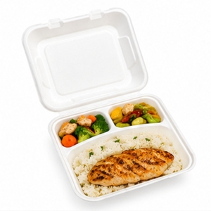 8 x 8 Inch Three Compartment Bagasse Clamshell Box Compostable Disposable Sugarcane Fiber Food <b>Container</b> for <b>Takeaway</b> Catering a - Product Image 4