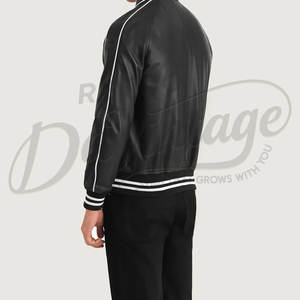 Veste bomber varsity en cuir véritable noir pour homme, poignets côtelés rayés, cuir pleine fleur de qualité supérieure, classique - Product Image 2