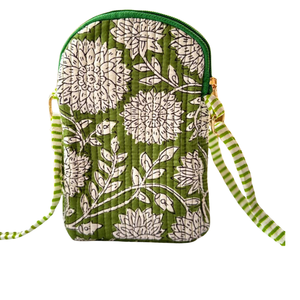 Green Floral Bohemian Jaipur Block Print Cotton Quilted Crossbody <b>Bag</b> Zipper Adjustable Strap Durable Eco Friendly All Seasons - Product Image 1