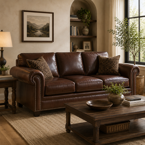 Sofá de Cuero Genuino Moderno y Lujoso de 3 Plazas con Estructura de Madera Maciza y Brazos Enrollados para Sala de Estar, Muebles de Hotel, Salón, Villa - Product Image 1