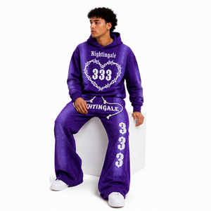 Conjunto de Sudadera con Capucha y Pantalones Deportivos para Hombre, Personalizado con Bordado Desgastado, Resistente al Viento, Transpirable, con Pedrería, Efecto Deslavado al Sol y Lavado Ácido - Product Image 4