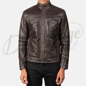 Veste en cuir véritable marron foncé pour homme, style motard, coupe ajustée, avec surpiqûres blanches contrastées, manteau d'hiver en cuir véritable - Product Image 3