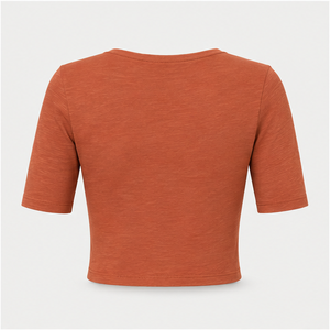 Camiseta Corta Ajustada con Cuello en V y Manga hasta el Codo en Color Naranja Óxido para Mujer WTS-0135 - Product Image 2