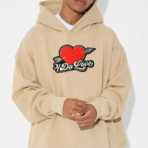 Men's Oversized Hooded <b>Sweatshirt</b> Beige Cotton Fleece Embroidered <b>Heart</b> Logo Front Pocket Casual Autumn Style - Product Image 3