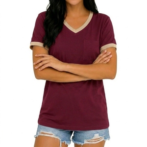 Women V Neck T-Shirt Solid Color Short Sleeve Pocket Casual Loose Fit Cotton <b>Top</b> Spring Summer Wear - Product Image 2