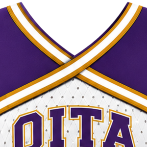 Haut court de cheerleading pour femme, sans manches, col en V, violet, blanc et or, pour performance athlétique, uniforme d'équipe de cheerleading, compétition - Product Image 5