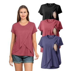 T-shirt asymétrique en tricot pour femme, manches courtes, col rond, coupe ample, couleur unie, respirant, haut pour le printemps et l'été - Product Image 1