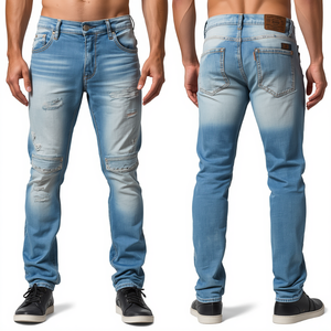 Luxury <b>Men's</b> Ice Blue Distressed Denim Pants Featuring Premium Heavy Cotton Construction with Contemporary Fashion Detailing - Product Image 2
