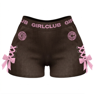 Shorts moulants en polyester et élasthanne à haute élasticité, marron rose, avec lacets sur les côtés, logo personnalisé imprimé, pour femmes - Product Image 1