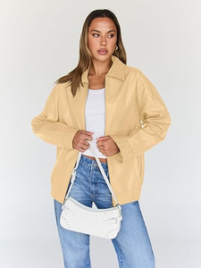 Women's Beige Bomber Jacket Full Sleeve Turn-down Collar Zipper Closure Autumn Style Solid Color Woven Polyester - Product Image 6