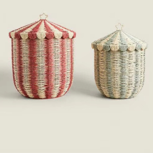 Natural rattan wicker <b>storage</b> <b>chest</b> for children, colorful round <b>storage</b> basket with lid. - Product Image 1