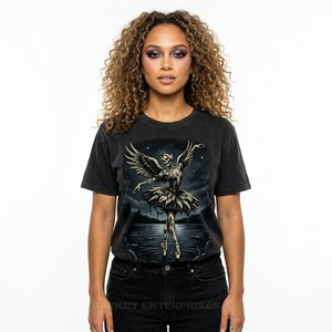 Camiseta de Algodón con Estampado Gráfico de Esqueleto de Bailarina Personalizada para Mujer, Estilo Vintage, Lavado Oscuro, Tops Estéticos de Streetwear para Mujer, Directo de Fábrica - Product Image 1