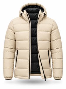 Chaqueta Acolchada con Capucha para Hombre, Color Beige, Cálida, Resistente al Viento, Cierre Frontal con Cremallera, Color Sólido, Relleno de Poliéster, Corte Regular - Product Image 4