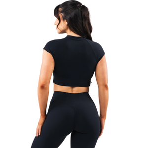 Womens Seamless Cap Sleeve Zip Sports Bra <b>High</b> <b>Neck</b> Yoga Fitness Activewear Stretch Support Lightweight Training <b>Top</b> Black - Product Image 2