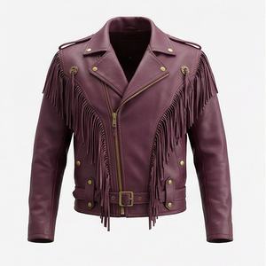 แจ็คเก็ตหนังแกะแท้คุณภาพสูงสำหรับผู้ชาย สีตามสั่ง สไตล์ตะวันตก แต่งขอบแบบเฟรนจ์ สำหรับขี่มอเตอร์ไซค์ คอตั้ง เหมาะสำหรับฤดูหนาว - Product Image 1