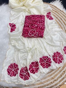 Sari de seda con apliques florales Bandhani, borde festoneado, blusa Bandhani a juego, largo hasta el suelo - Product Image 3