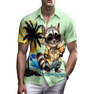 Camisa Aloha de punto con estampado neón hawaiano divertido para hombre, transpirable, con botones, 100% poliéster, manga corta, para verano, con estampado brillante. - Product Image 4