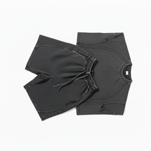 2026 Premium Summer Casual Washed Black Solid Paneled 100% Cotton Terry Eco-Friendly Front Logo Two-Piece T-Shirt & Short <b>Set</b> - Product Image 3