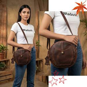 <b>Women</b>’s Brown Genuine Leather Round Crossbody <b>Bag</b> – Lightweight Circular Shoulder Purse with Zipper Closure - Product Image 5