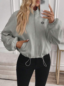 Stand Collar Women Sweatshirts Full Zip Solid Gray Cotton Fleece Oversized Drawcord Hem High Street Hoodies Custom Logo Bulk - Product Image 6