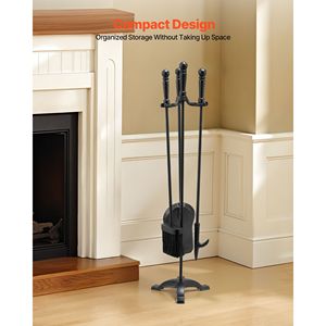 Set di 4 attrezzi per caminetto con porta legna, supporto a tre gambe, pala per cenere, spazzola, paletta per focolare, set di attrezzi per fuoco in ferro battuto con supporto - Product Image 5