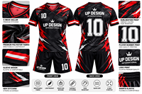 Ensemble de maillots et shorts de football personnalisés pour hommes, uniforme de football imprimé par sublimation, noir et rouge, vêtements de sport d'équipe, logo personnalisé, vente en gros