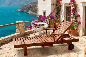 Single Outdoor Lounger in Solid Teak Wood Oiled Finish Modern Design with Arm and Adjustable <b>Back</b> Position No <b>Cushions</b> - Product Image 2