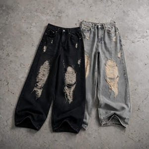 Jeans de Mezclilla para Hombre, Corte Ancho, Desgastados y Rotos, Cintura Alta, Estilo Urbano, Tela de Algodón para Otoño - Product Image 1