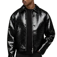 Veste en cuir véritable noir brillant pour homme, effet crocodile, col chemise, fermeture éclair sur le devant, coupe décontractée, streetwear haut de gamme, OEM