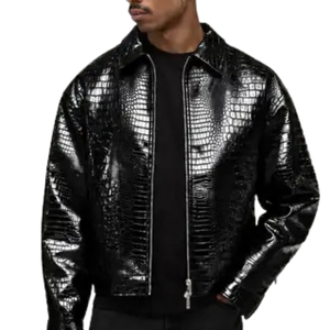 Veste en cuir véritable noir brillant pour homme, effet crocodile, col chemise, fermeture éclair sur le devant, coupe décontractée, streetwear haut de gamme, OEM - Product Image 5