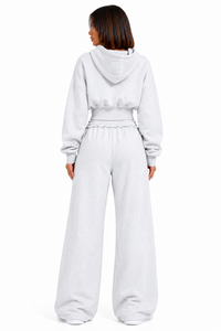 Womens Luxury Athleisure Cropped Jacket Set Heavyweight Tracksuit Relaxed Wide Leg Fleece <b>Trouser</b> Custom <b>Zip</b> Front Drop Shoulder - Product Image 2