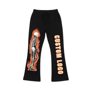 Custom Skeleton Graphic Flare Sweatpants Streetwear Flame Print Stacked Joggers Men Women Fleece Bell Bottom Trousers - Product Image 4