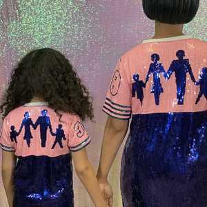 แจ็คแอนด์จิล เสื้อเจอร์ซีย์ประดับเลื่อมสำหรับผู้ใหญ่ ชุดปาร์ตี้แขนสั้นวิบวับ สีชมพู สีฟ้า คัลเลอร์บล็อก เสื้อทูนิคแฟชั่น - Product Image 6