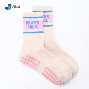 <b>Custom</b> Logo White <b>Socks</b> With Blue and Pink Stripes Anti-Slip <b>Grip</b> Bottom For Yoga And Pilates Activities Spring Season Wear - Product Image 1