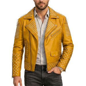 Customizable Men <b>Rhinestone</b> Winter Leather <b>Jacket</b> Motorcycle Biker Turn Down Collar Full Zip <b>Rhinestone</b> Design Party Wear Coat - Product Image 1
