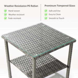 Tavolino da Esterno Quadrato a Doppio Strato in Rattan Grigio Sfumato con Piano in Vetro - Product Image 5