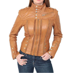 Chaqueta de Motociclista para Mujer, de Piel de Oveja y Cuero Vacuno Genuinos, con Cuello Alto y Cierre de Cremallera - Product Image 1