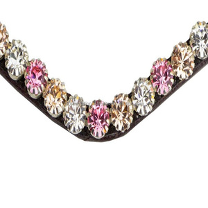 Black & Havana Brown English Saddle Leather Horse Brow Band Designed with 1 Row Round Glass <b>Crystals</b> Diamante Bling Brow Band - Product Image 5