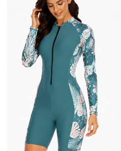 Combinaison de triathlon à manches longues pour femmes, imprimé floral turquoise, anti-UV, fermeture éclair intégrale - Product Image 3
