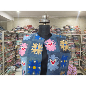 Denim Embroidered Vest Women's Sleeveless <b>Patchwork</b> <b>Jacket</b> Handmade Floral Design Spring Boho Style Outerwear gift for her - Product Image 4