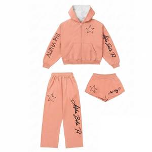 Conjunto de tres piezas personalizado para mujer: Sudadera con cremallera completa, pantalones largos de chándal y pantalones cortos para correr. Ropa casual de moda. Fabricante pakistaní. - Product Image 3