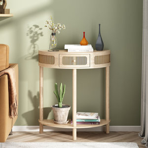 DreamCraft Vietnam 31 "table console demi-ronde en bois massif avec accents en rotin authentique - Product Image 6