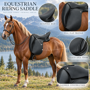 Selle d'équitation en cuir véritable noire, équipement équestre |   Conception à rabat complet avec selle sculptée et finition des bords soignée pour l'équitation - Product Image 5