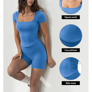 Top Corto sin Costuras para Mujer, Cuello Cuadrado Azul, Manga Corta, Color Sólido, Ropa Deportiva para Yoga, Estilo Ajustado - Product Image 6