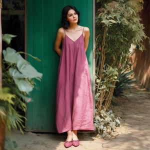 Vestido Largo de Verano para Mujer, Color Rosa, de Algodón y Lino, sin Mangas, con Tirantes Finos, Estilo Casual y Holgado - Product Image 1