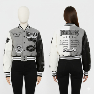Custom Men's Fashion Varsity Patch Bomber <b>Jacket</b> High Quality Genuine Sheepskin Heavyweight Two Tone Black <b>White</b> Letterman Front - Product Image 2