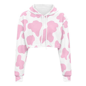 Sudadera con capucha corta de punto para mujer, rosa con estampado de vaca, manga larga, informal, moda primavera, base blanca, top estampado - Product Image 4