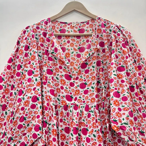 Robe mini en coton écologique faite à la main avec imprimé floral à la main, col en V, manches 3/4, ourlet à volants en dentelle, lavable, style chinoiserie - Product Image 2