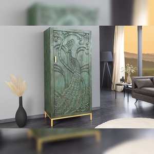Vandana Nordic Layer Highboard PEACOCK 170cm verde, madera de mango antigua con diseño de pavo real tallado en 3D - Product Image 1